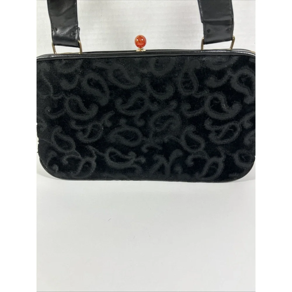 Vintage Black‎ Flocked Velvet Scroll Clutch Purse With Handle 11 1/2 X 8
